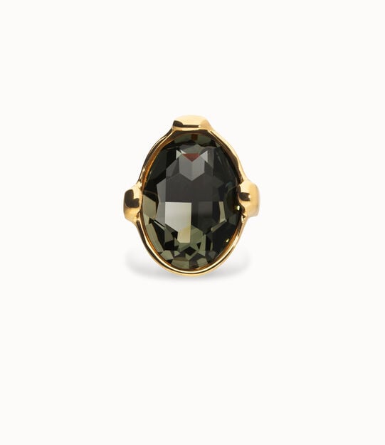 Anillo grande bañado en oro 18k con cristal facetado ovalado gris